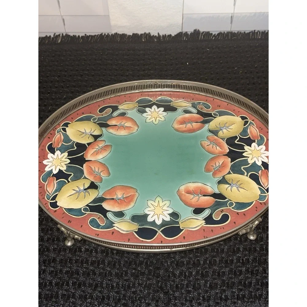Vintage Gesetzlich‎ geschutzt Tray With Floral Porcelain/Enamel & Metal Frame